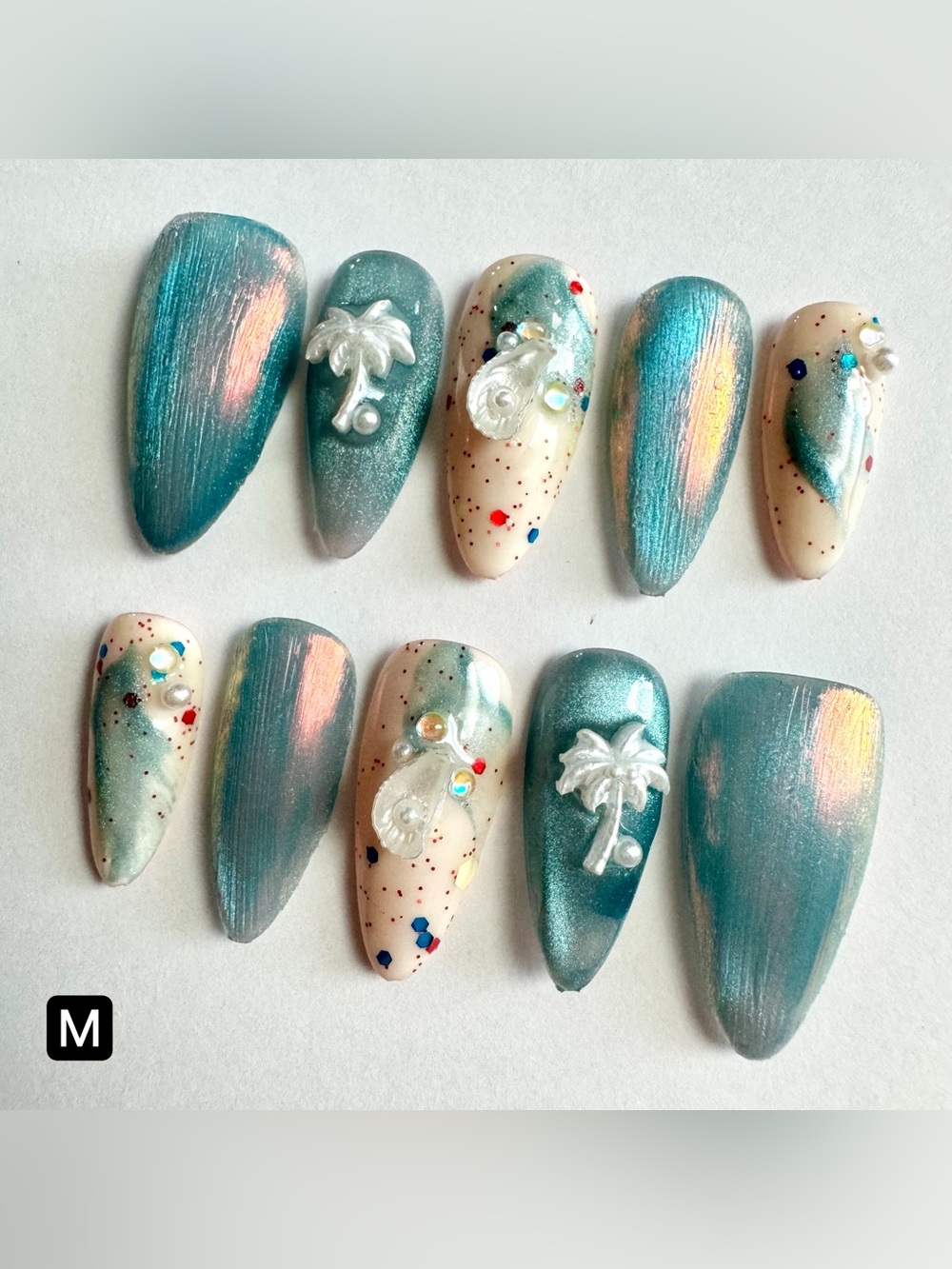 Teal & Cream Beach-Inspired Press-On Nail Set with Palm Tree Charms